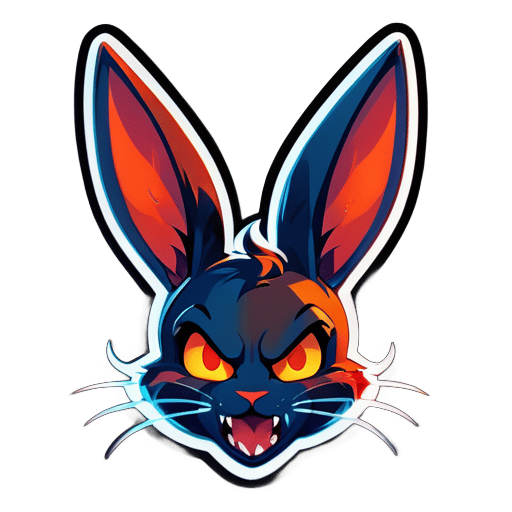 耳朵：長而尖的兔子耳朵，帶有一絲惡魔般的曲折。臉部：兔子的臉部，帶有頑皮的表情、火紅的眼睛和深邃的天空藍色膚色。表情：俏皮卻微妙地帶有邪惡的笑容。背景：火焰和熾熱效果。顏色：深色調搭配濃烈的紅色和橙色，與深邃的天空藍色兔子臉相輔相成。 sticker