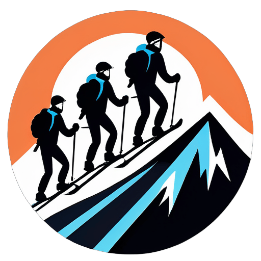 Vier Männer, die gemeinsam auf einem Berg Ski fahren sticker