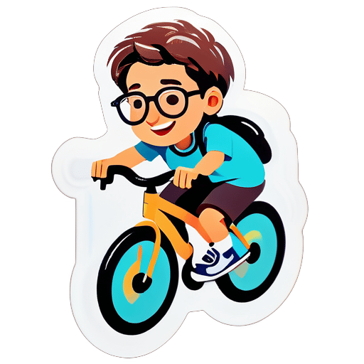 Riding a bicycle, wearing glasses, an average-looking boy sticker