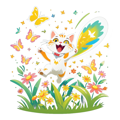 Gato emocionado persiguiendo mariposas: saltando enérgicamente en el jardín, con los ojos brillantes. sticker