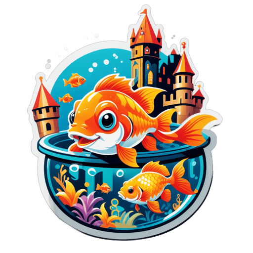 A goldfish with a castle ornament in its left hand and a treasure chest in its right hand sticker