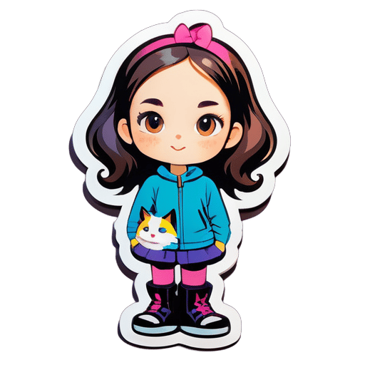 a girl in front of a cat sticker