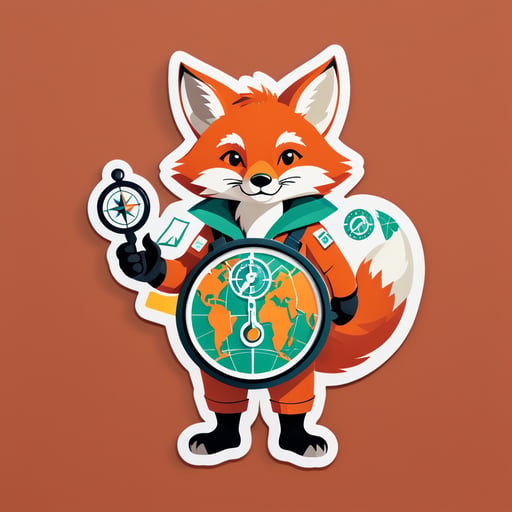 Ein Fuchs mit einer Karte in der linken Hand und einem Kompass in der rechten Hand sticker