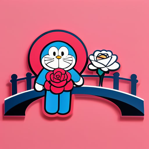 doraemon cùng hoa hồng và đi trên cầu sticker