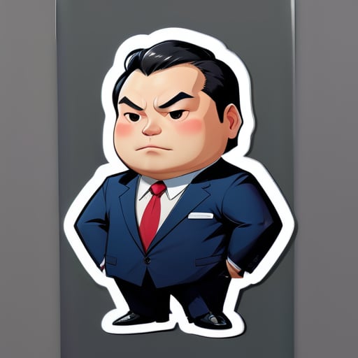 Una imagen de un intermediario con traje, solo la mitad superior, con la imagen de una persona china, un hombre gordo y bonachón. sticker
