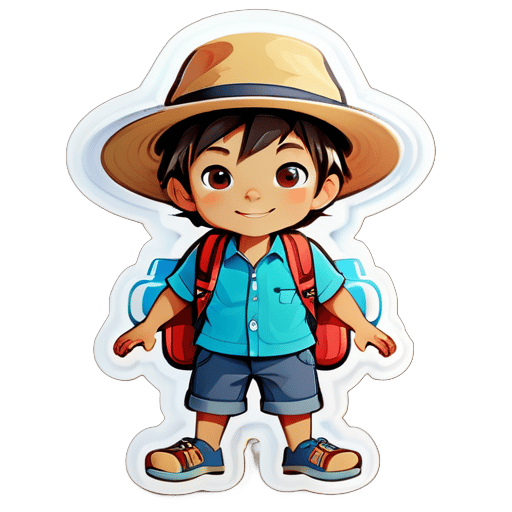 Um menino pequeno, usando um chapéu e roupas de viagem, está se preparando para viajar sticker