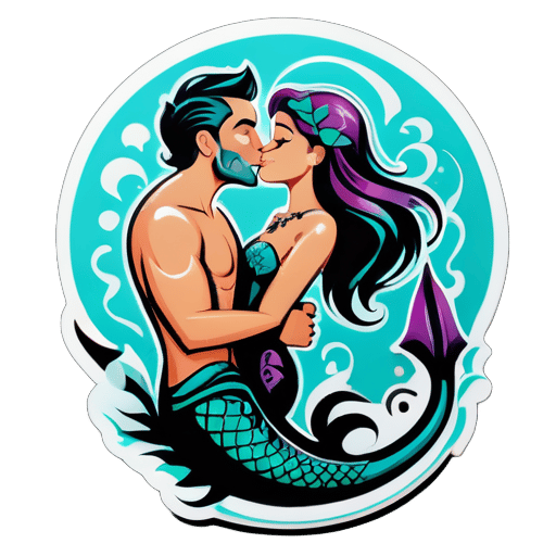 hombre con tatuaje de tridente marino en el estómago besando a una sirena sticker