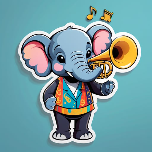 Un elefante con una trompeta en su mano izquierda y partituras en su mano derecha sticker