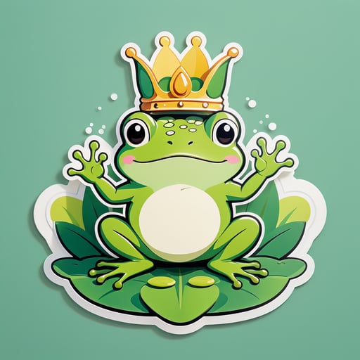 Ein Frosch mit einem Seerosenblatt in der linken Hand und einer Krone in der rechten Hand sticker