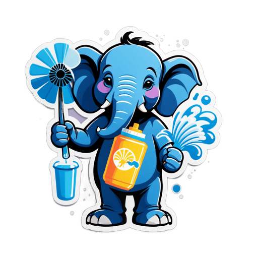 一隻大象，左手拿著噴水瓶，右手拿著風扇 sticker