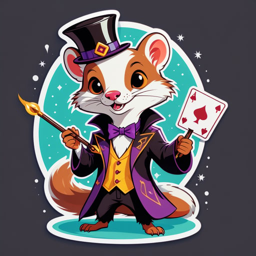 Un comadreja con una varita mágica en su mano izquierda y una baraja de cartas en su mano derecha sticker