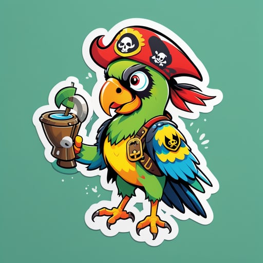 一只鹦鹉，左手戴着海盗帽，右手拿着一张藏宝图 sticker
