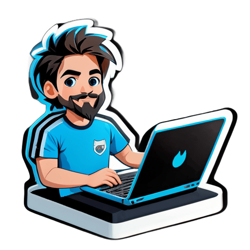 Générateur d'autocollant d'un garçon travaillant sur son ordinateur portable, le garçon a les cheveux, la barbe et la moustache de Messi, il porte un t-shirt bleu maya à manches longues et un jean noir carbone. sticker