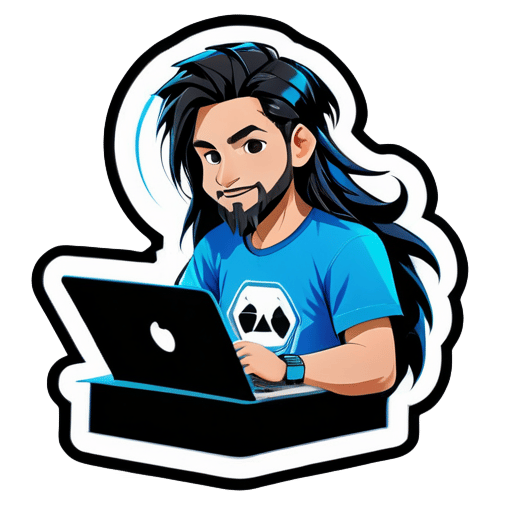Gerador de um adesivo de um menino trabalhando em seu laptop, o menino tem cabelos longos como Messi, barba, está vestindo uma camiseta azul maia de manga comprida e jeans preto carbono. sticker