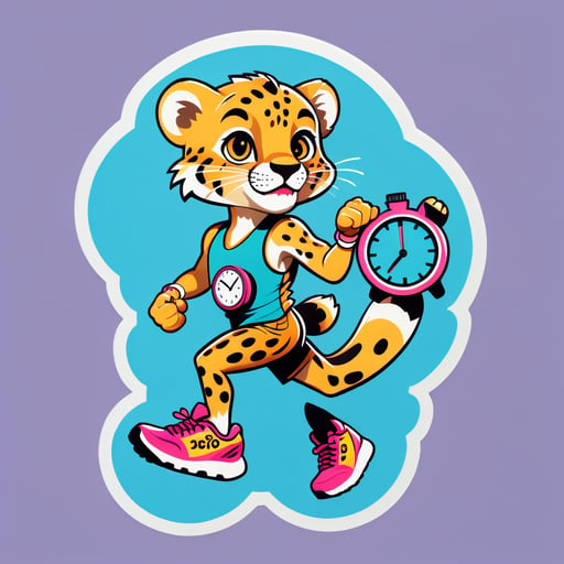 一隻獵豹，左手拿著一隻跑鞋，右手拿著一個碼表 sticker