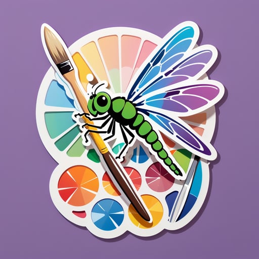 Une libellule avec une palette de peintre dans sa main gauche et un pinceau dans sa main droite sticker