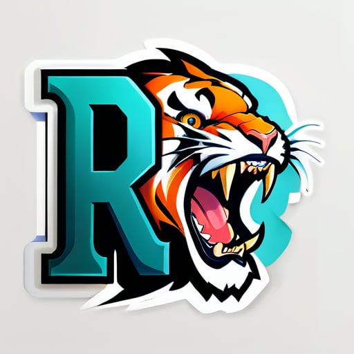 大寫字母 R（完整字母）在頂部，強而有力，下方是一隻兇猛的老虎在咆哮（縮小咆哮的老虎尺寸） sticker