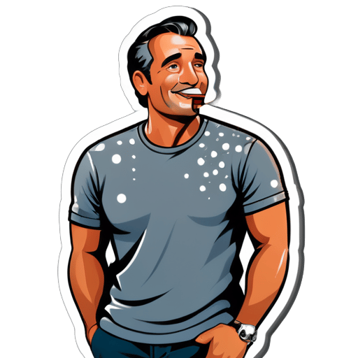 a men with cigar having a grey tshirt with dotted pattern sticker