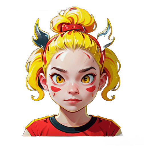  a girl with yellow hair, red cheeks, and a red shirt. She has two black lines on her head that resemble antennae. sticker