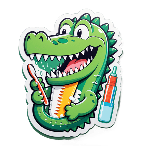 Un crocodile avec une brosse à dents dans sa main gauche et un tube de dentifrice dans sa main droite sticker
