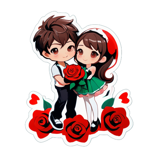 Một chàng trai dễ thương cầu hôn một cô gái dễ thương bằng hoa hồng và cô gái trở nên quyến rũ hơn. sticker