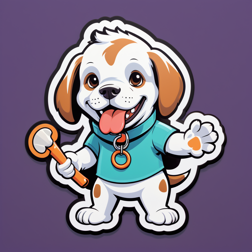 Ein Hund mit einem Knochen in seiner linken Hand und einer Leine in seiner rechten Hand sticker