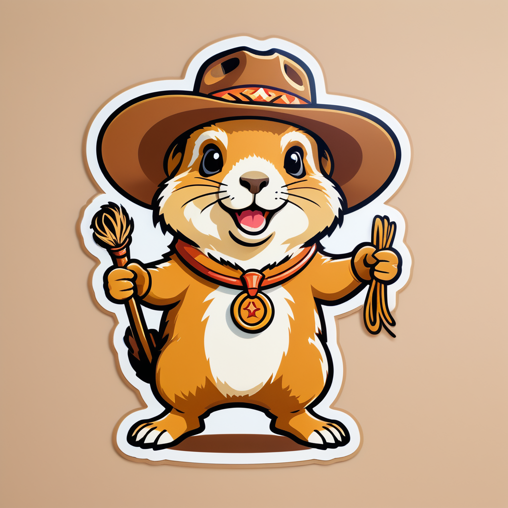 Um cão da pradaria com um chapéu de cowboy em sua mão esquerda e um laço em miniatura em sua mão direita sticker