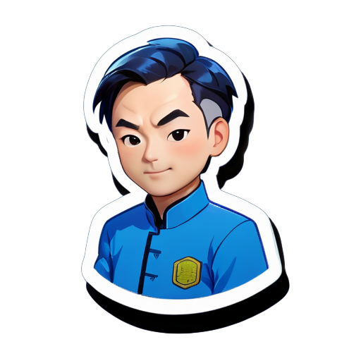 Une image d'un maître portant un uniforme bleu, montrant seulement le haut du corps, représentant une personne chinoise. sticker