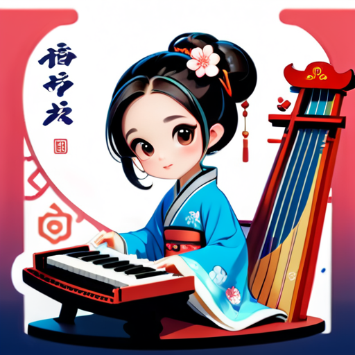 Diseño de personaje femenino: Debe ser una niña linda y joven con ojos grandes y rasgos faciales suaves. Vistiendo un Hanfu tradicional o una versión modernizada, incorporando elementos de la ropa tradicional china mientras se añaden diseños modernos como detalles o accesorios de moda. Pelo largo suelto o peinado en un moño clásico, adornado con horquillas o accesorios. Guzheng: El guzheng debe ser un instrumento prominentemente visible, mostrando a la niña tocándolo atentamente. El diseño del guzheng debe seguir estilos tradicionales chinos pero puede incluir elementos modernos como más colores o decoraciones. Diseño de fondo: El fondo puede ser líneas simples o presentar patrones de estilo chino como nubes, paisajes o arquitectura antigua. Paleta de colores: Principalmente tonos suaves como rosa claro, azul claro, etc. Incorporar colores tradicionales chinos como el rojo en la paleta. sticker