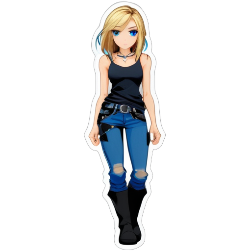 Aya Brea, She has shoulder-length blonde hair. The character's eyes are blue, giving her a sharp and focused gaze. She wears a dark black, sleeveless top with a subtle sheen, suggesting a silky or satin material, and features a series of decorative hooks down the center front. A thin, black cord necklace.Torn blue jeans along with buckled black boots that come just under her knees. The outfit incl sticker