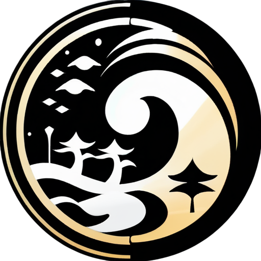 Créer une image de logo avec une composition de bagua yin et yang, comprenant les éléments suivants : soleil, lune, arbres, gratte-ciel, lac, dans un style très simple et clair. sticker