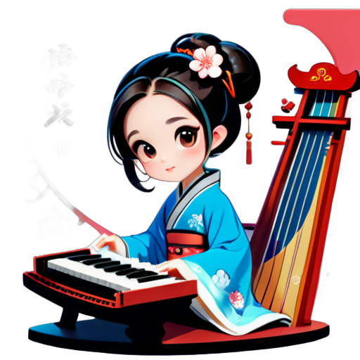 Girl Character Design: She should be a cute, young girl with big eyes and soft facial features. Wearing traditional Hanfu or a modernized version, incorporating elements of Chinese traditional clothing while adding modern designs like trendy details or accessories. Long hair down or styled in a classical hair bun, adorned with hairpins or accessories. Guzheng: The guzheng should be a prominently visible instrument, depicting the girl playing it attentively. The guzheng's design should follow traditional Chinese styles but can include modern elements like more colors or decorations. Background Design: The background can be simple lines or feature Chinese-style patterns like clouds, landscapes, or ancient architecture.  Color Palette: Primarily soft tones such as light pink, light blue, etc. Incorporate traditional Chinese colors like red into the palette. sticker