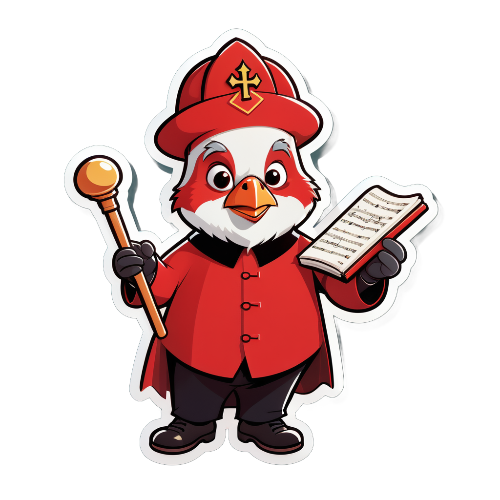 Un cardinal avec un recueil de chants dans sa main gauche et une baguette de chef d'orchestre dans sa main droite sticker