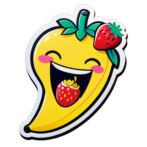 desenhe uma banana rindo ao mesmo tempo que come morango, coloque o morango um pouco dentro da boca sticker