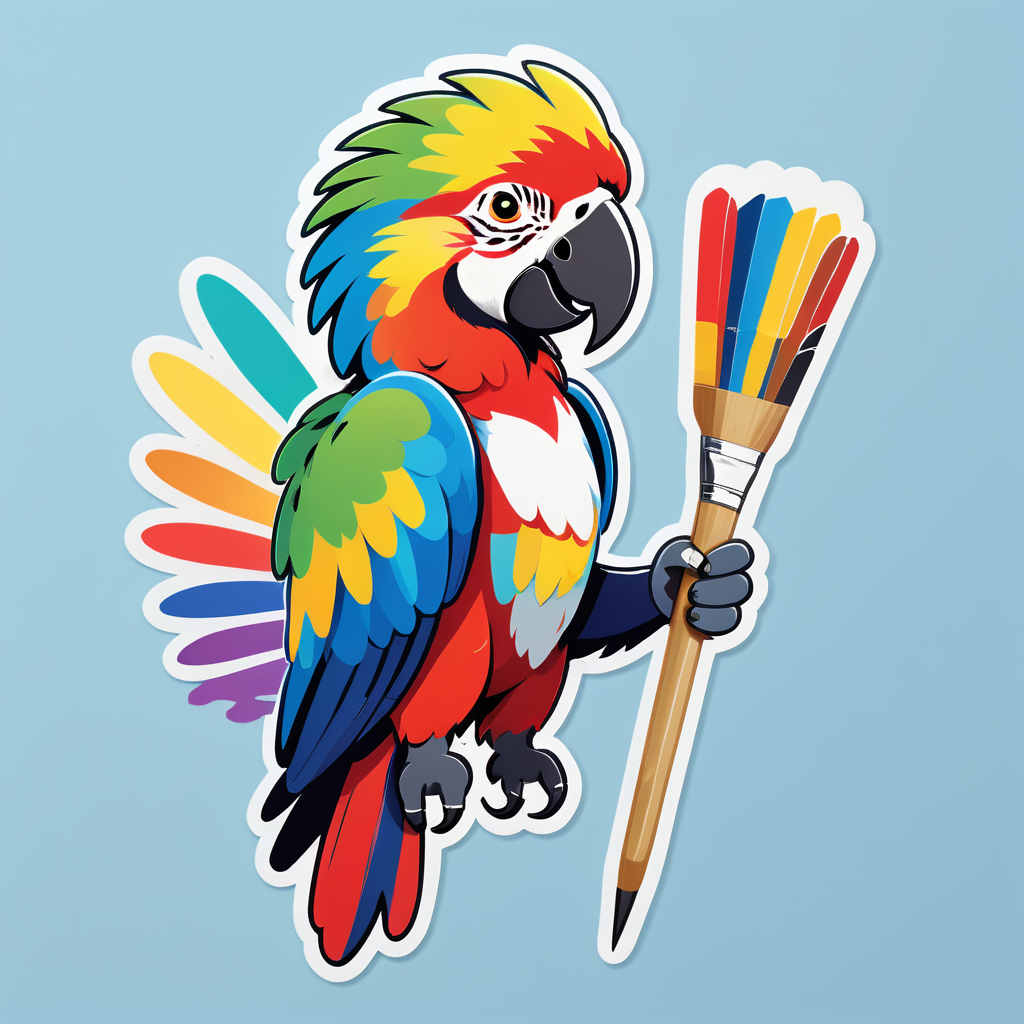 Ein Ara mit einem Pinsel in der linken Hand und einer Farbpalette in der rechten Hand sticker