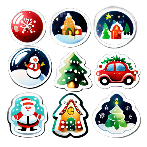 autocollant style stickers, illustration sur le theme de noel peint en aquarelle, image 4D realiste, sur un fond blancautocollant style stickers, illustration sur le theme de noel peint en aquarelle, image 4D realiste, sur un fond blanc