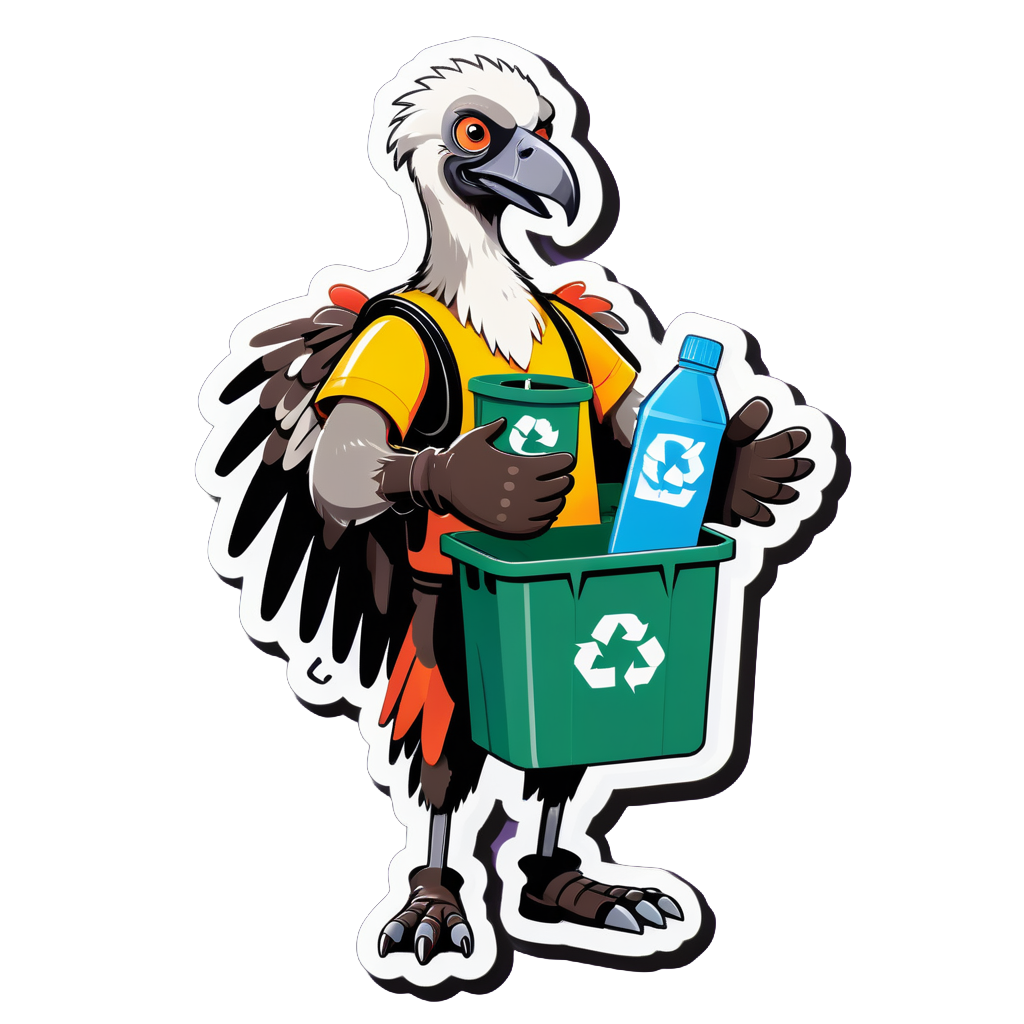 Ein Geier mit einem Recyclingbehälter in seiner linken Hand und einem Reinigungshandschuh in seiner rechten Hand sticker