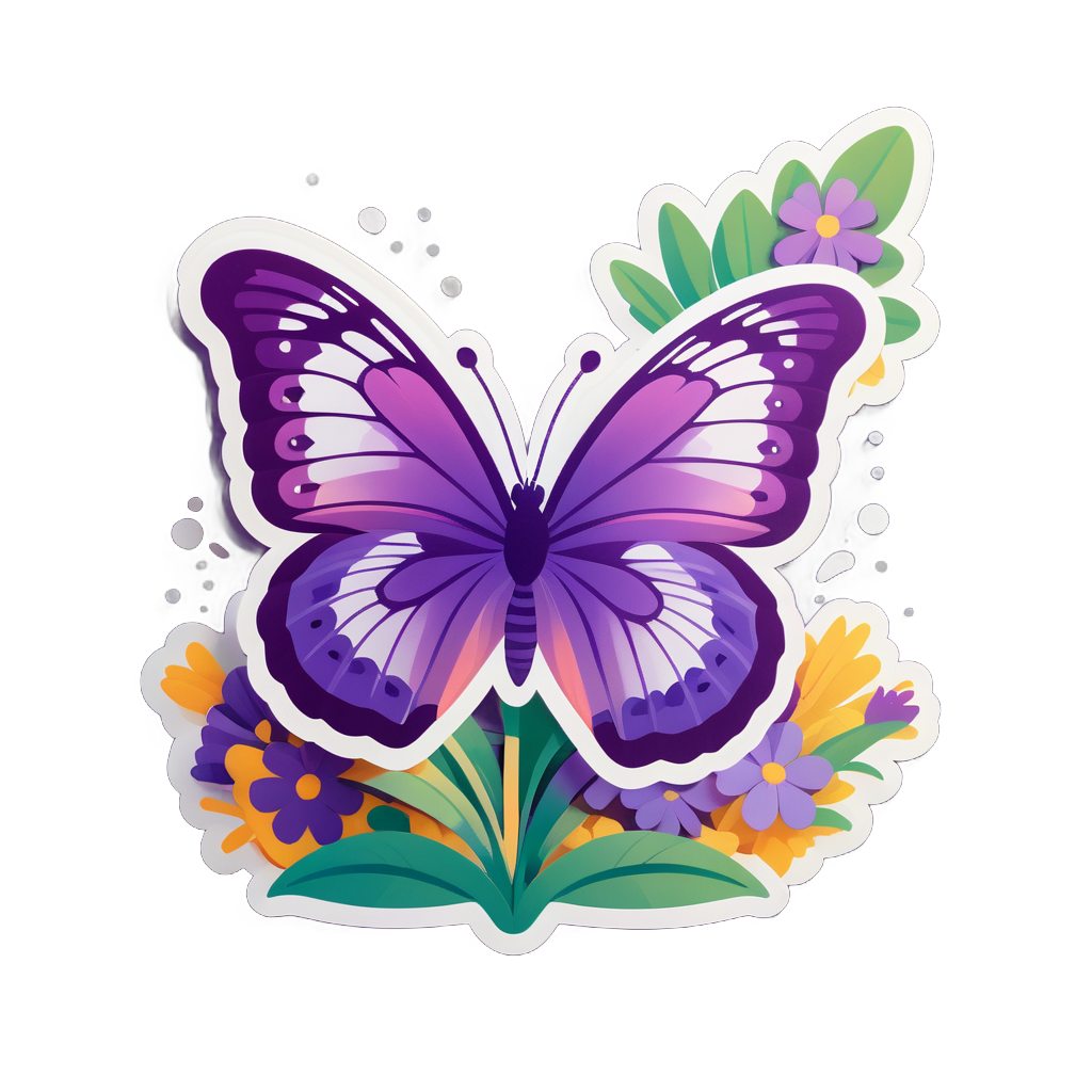 Papillon violet se reposant sur des fleurs sticker