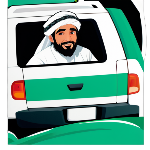 Một người đàn ông Saudi mặc trang phục truyền thống lái một chiếc xe Toyota FJ Cruiser màu trắng sticker