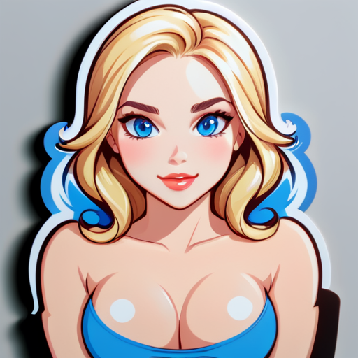 Por favor, diseña una pegatina con una mujer hermosa, de pecho grande, rubia, ojos azules, de origen europeo y americano. sticker