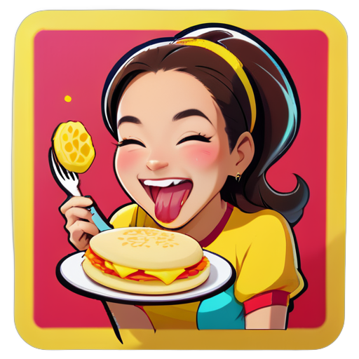 Generar una imagen de una mujer alegre  comiendo una arepa amarilla rellena de carne mechada. sticker