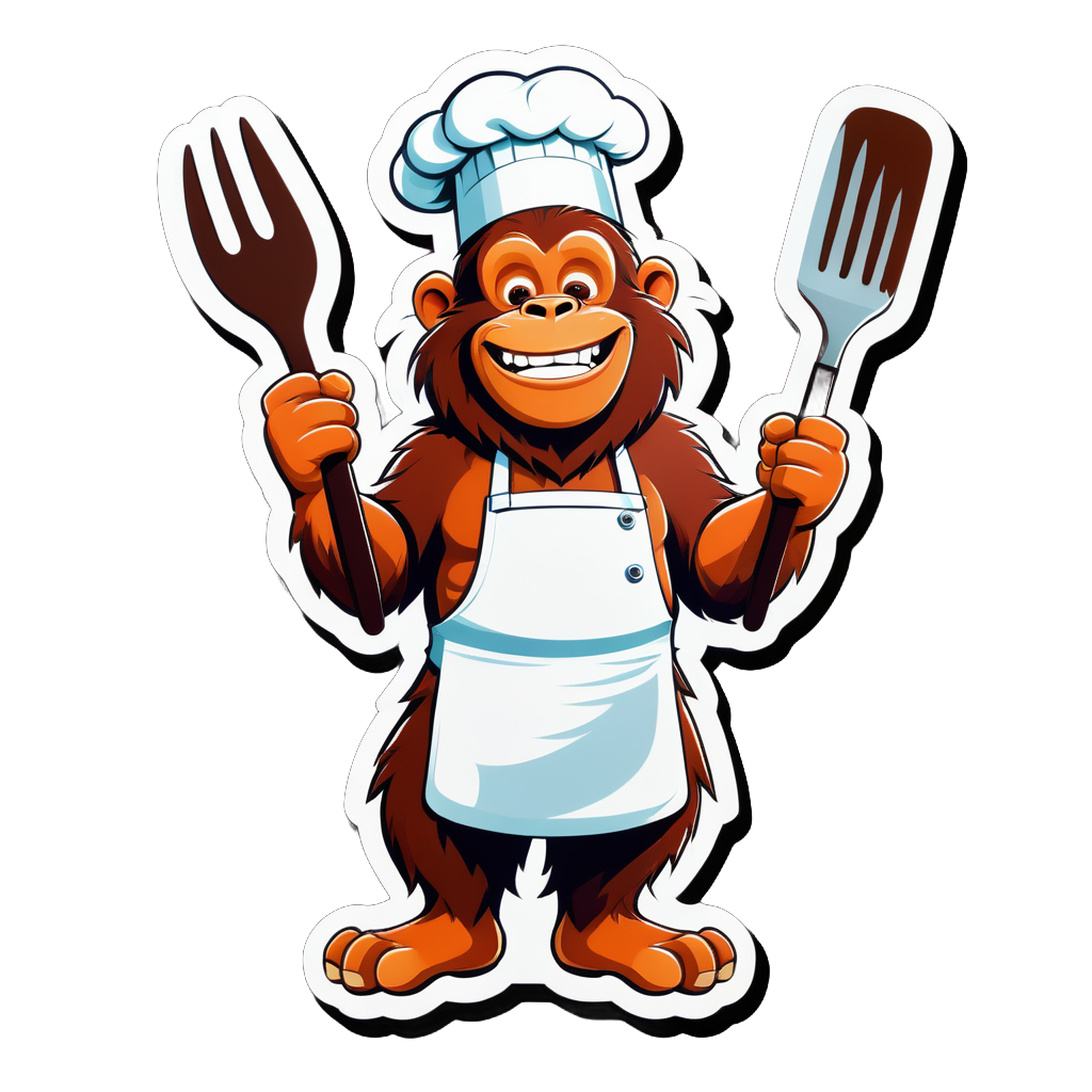 Un orangután con un delantal de chef en su mano izquierda y una espátula de cocina en su mano derecha sticker