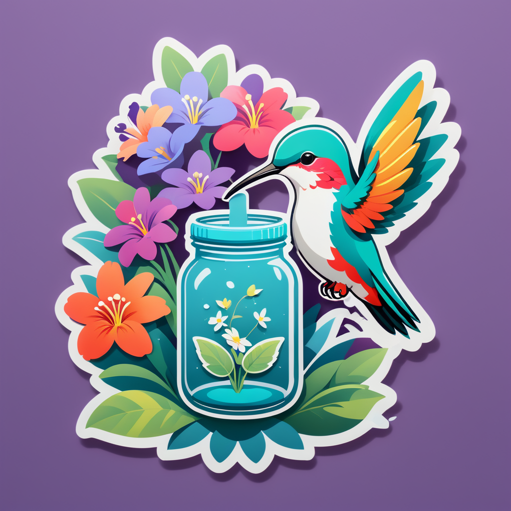 Ein Kolibri mit einer Blume in der linken Hand und einem Nektarglas in der rechten Hand sticker