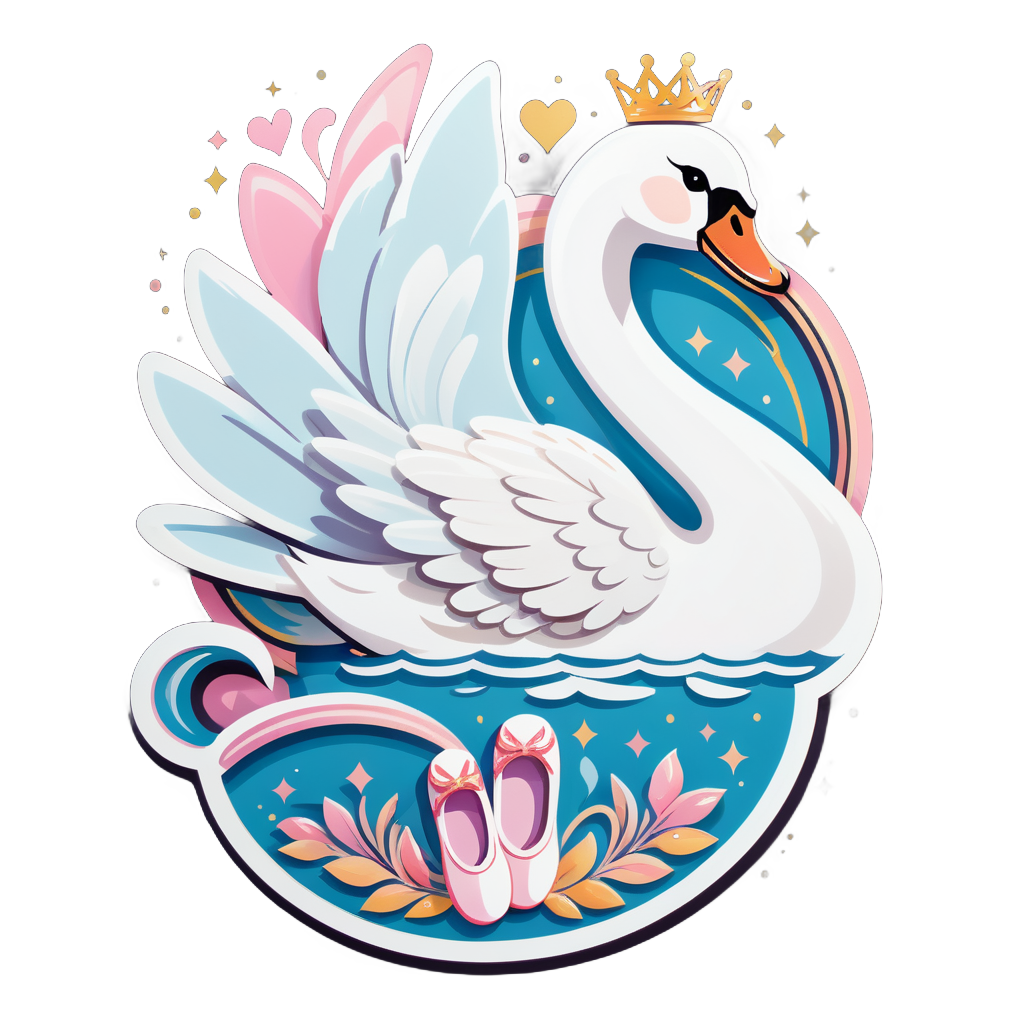 Ein Schwan mit einem Ballettschuh in der linken Hand und einer Tiara in der rechten Hand sticker