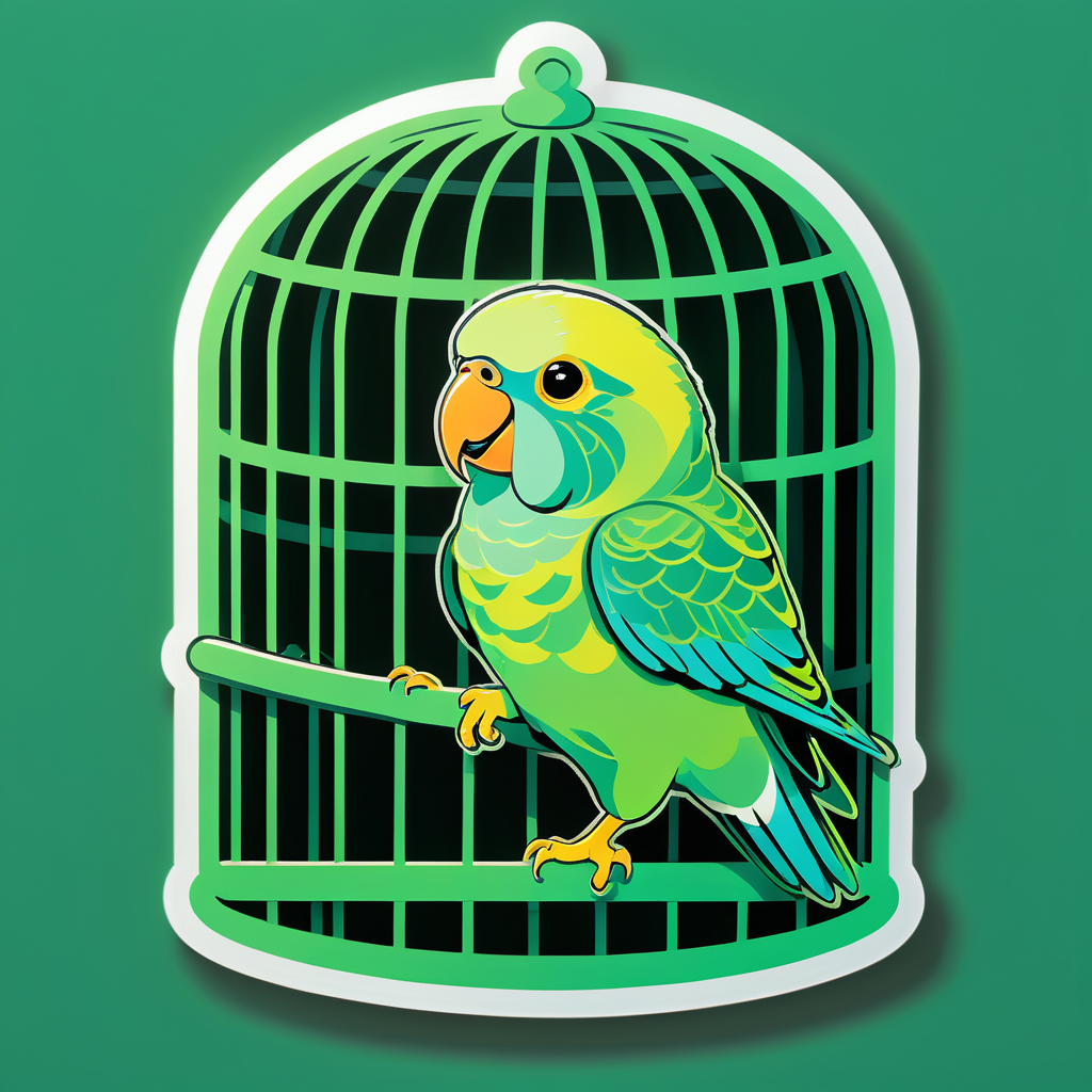 Perruche verte gazouillant dans une cage sticker