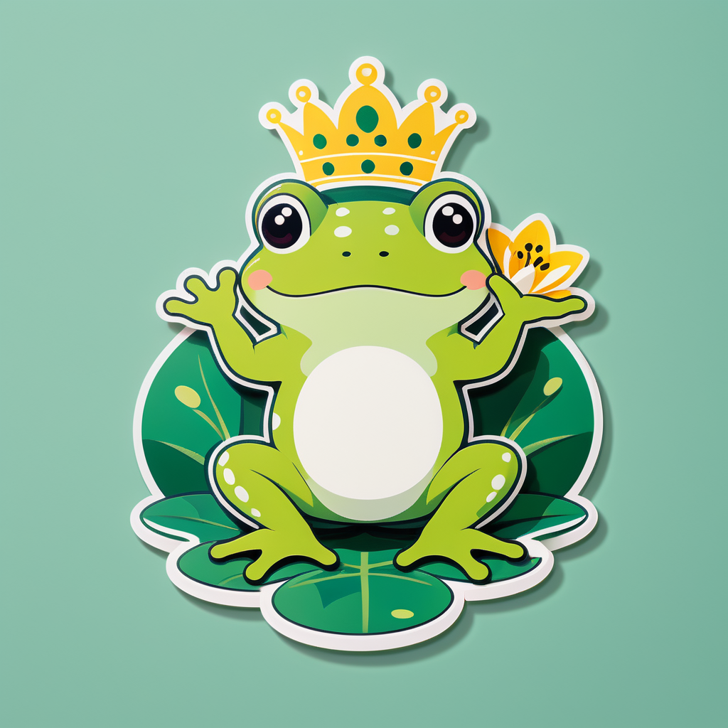 Ein Frosch mit einem Seerosenblatt in der linken Hand und einer Krone in der rechten Hand sticker