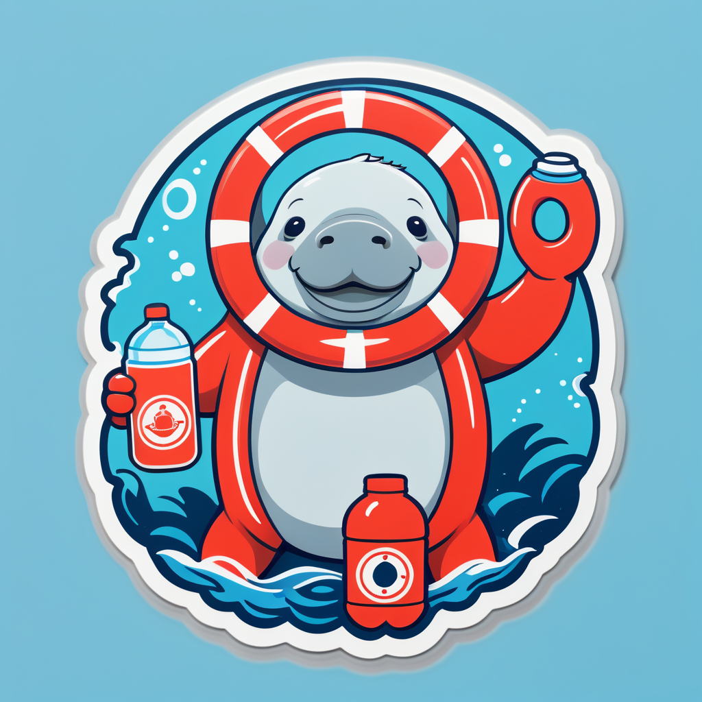 Ein Seekuh mit einem Rettungsring in der linken Hand und einer Wasserflasche in der rechten Hand sticker