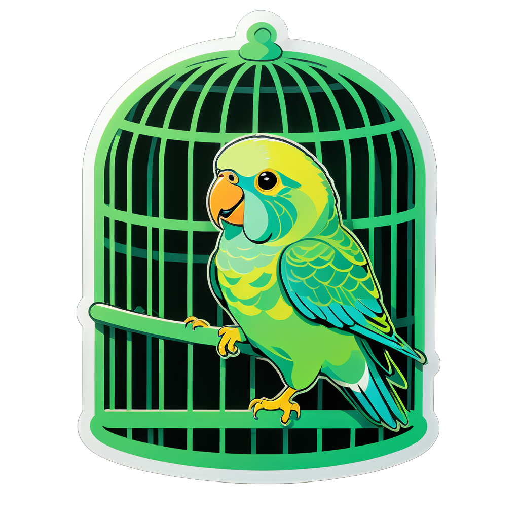 Perruche verte gazouillant dans une cage sticker