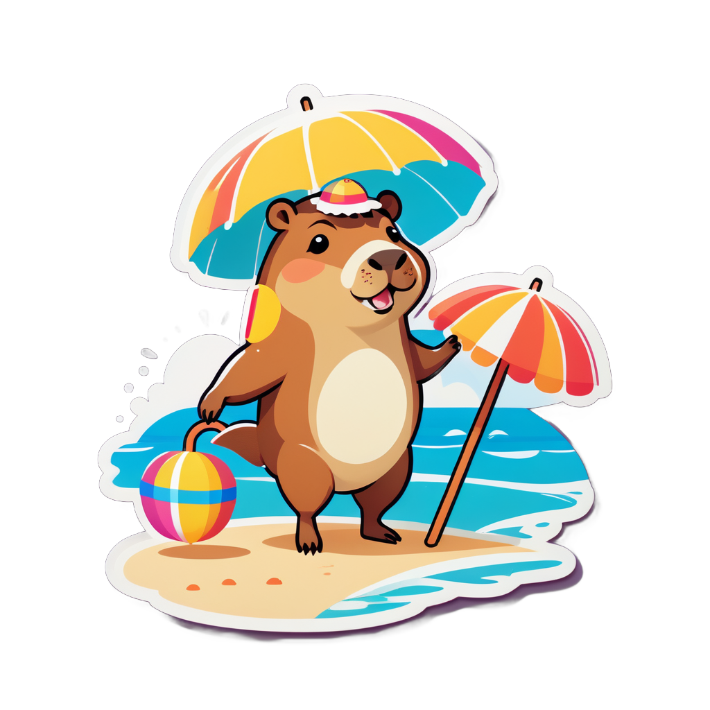 Ein Capybara mit einem Schwimmreifen in der linken Hand und einem Strandregenschirm in der rechten Hand sticker