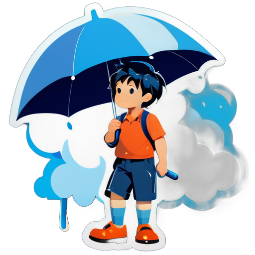 Vista lateral, un niño pequeño sosteniendo un paraguas, sobre el paraguas hay una nube, lloviendo agua azul sticker